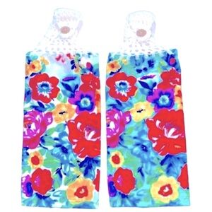 Hand Crafted Colorful Floral Hanging Hand Towels Crochet Top Button Closure